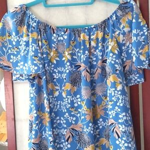 Finn & Grace Blue Yellow Off- Shoulder split Flutter Sleeve Blouse Top Sz S